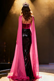 Sparkly Black and Pink Sweetheart Neck Scarf Sequins Mermaid Long Pageant Dress with Slit