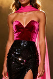 Sparkly Black and Pink Sweetheart Neck Scarf Sequins Mermaid Long Pageant Dress with Slit