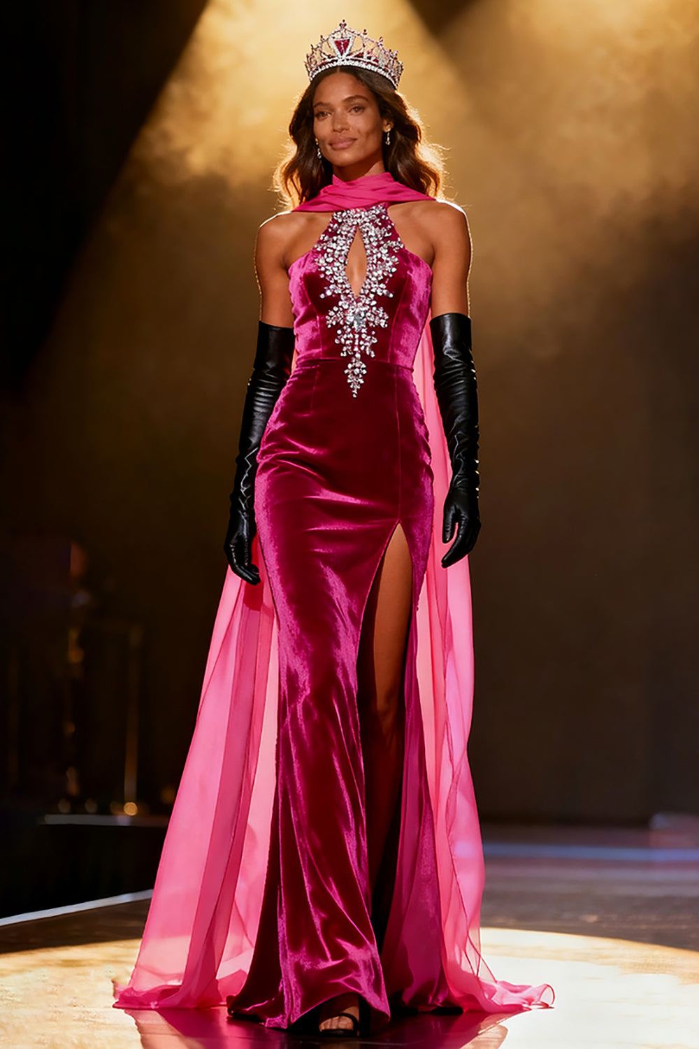 Sparkly Fuchsia Velvet Mermaid Neck Scarf Rhinestone Long Pageant Dress with Slit