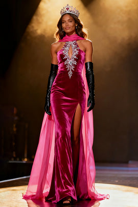 Sparkly Fuchsia Velvet Mermaid Neck Scarf Rhinestone Long Pageant Dress with Slit