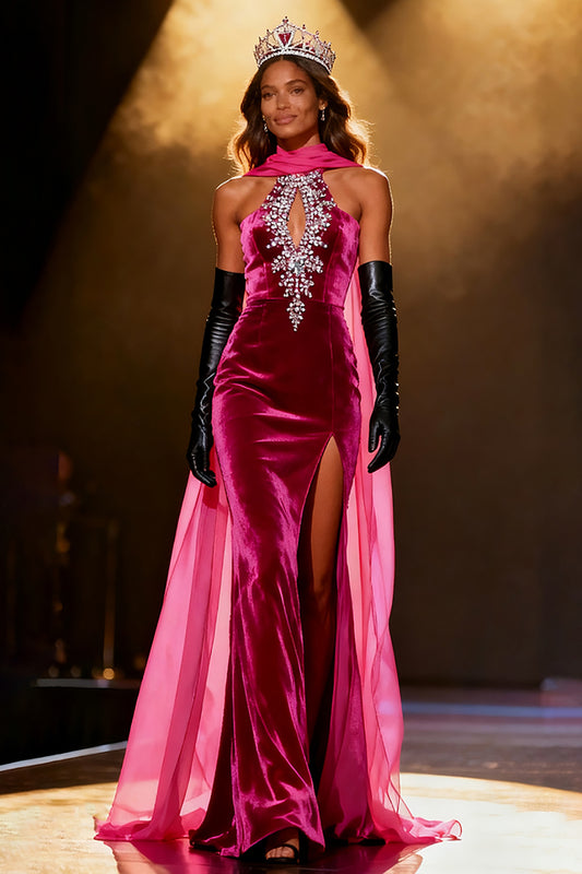 Sparkly Fuchsia Velvet Mermaid Neck Scarf Rhinestone Long Pageant Dress with Slit