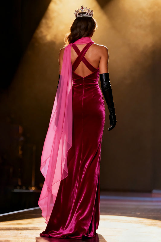 Sparkly Fuchsia Velvet Mermaid Neck Scarf Rhinestone Long Pageant Dress with Slit