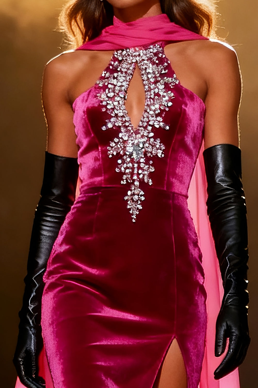 Sparkly Fuchsia Velvet Mermaid Neck Scarf Rhinestone Long Pageant Dress with Slit