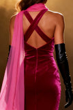 Sparkly Fuchsia Velvet Mermaid Neck Scarf Rhinestone Long Pageant Dress with Slit