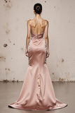 Light Pink Spaghetti Straps Satin Mermaid Long Formal Dress with Slit