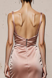 Light Pink Spaghetti Straps Satin Mermaid Long Formal Dress with Slit