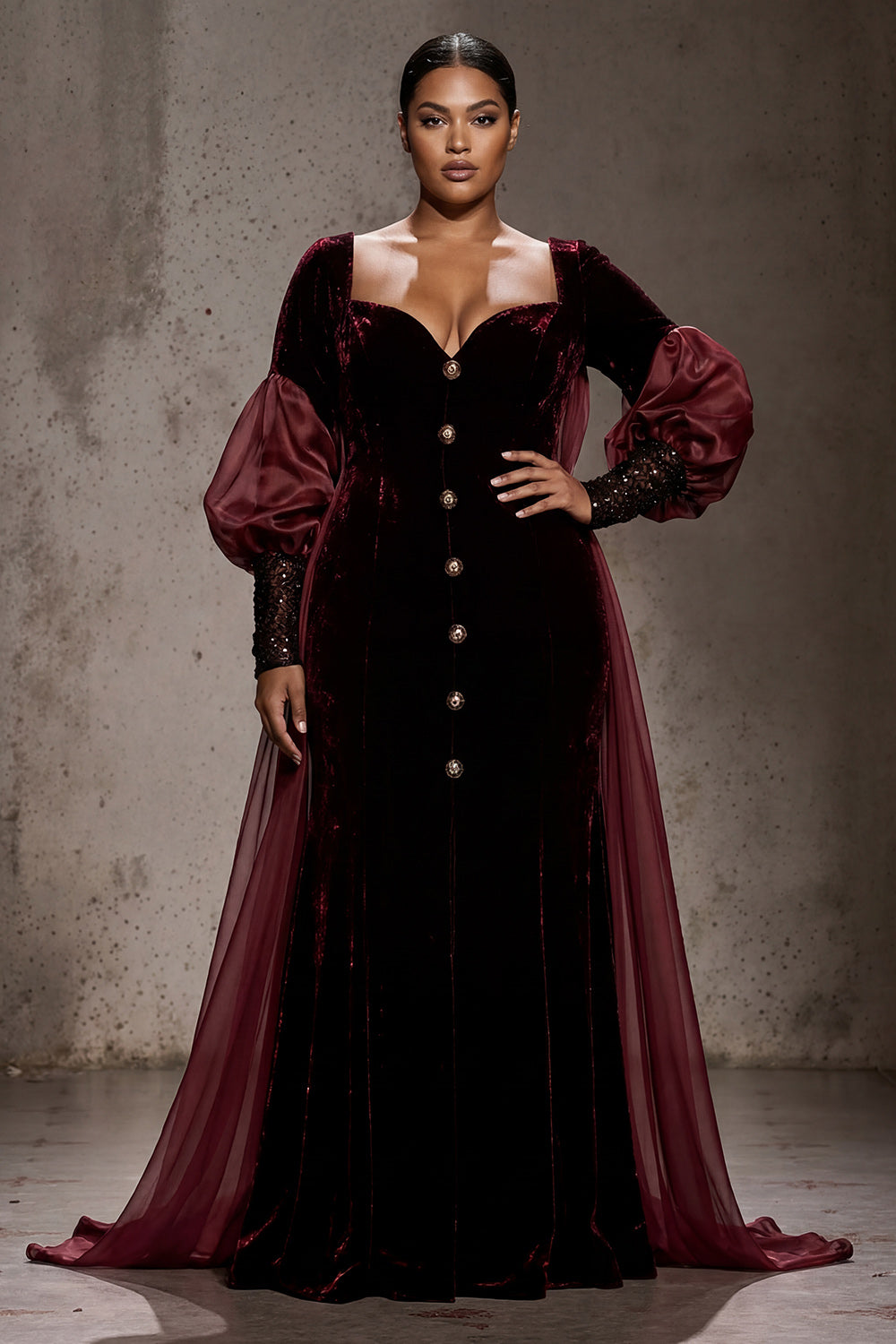 Burgundy Velvet Long Sleeves Formal Dress with Cape