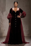 Burgundy Velvet Long Sleeves Formal Dress with Cape