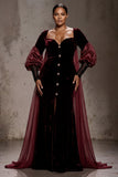 Burgundy Velvet Long Sleeves Formal Dress with Cape