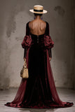 Burgundy Velvet Long Sleeves Formal Dress with Cape