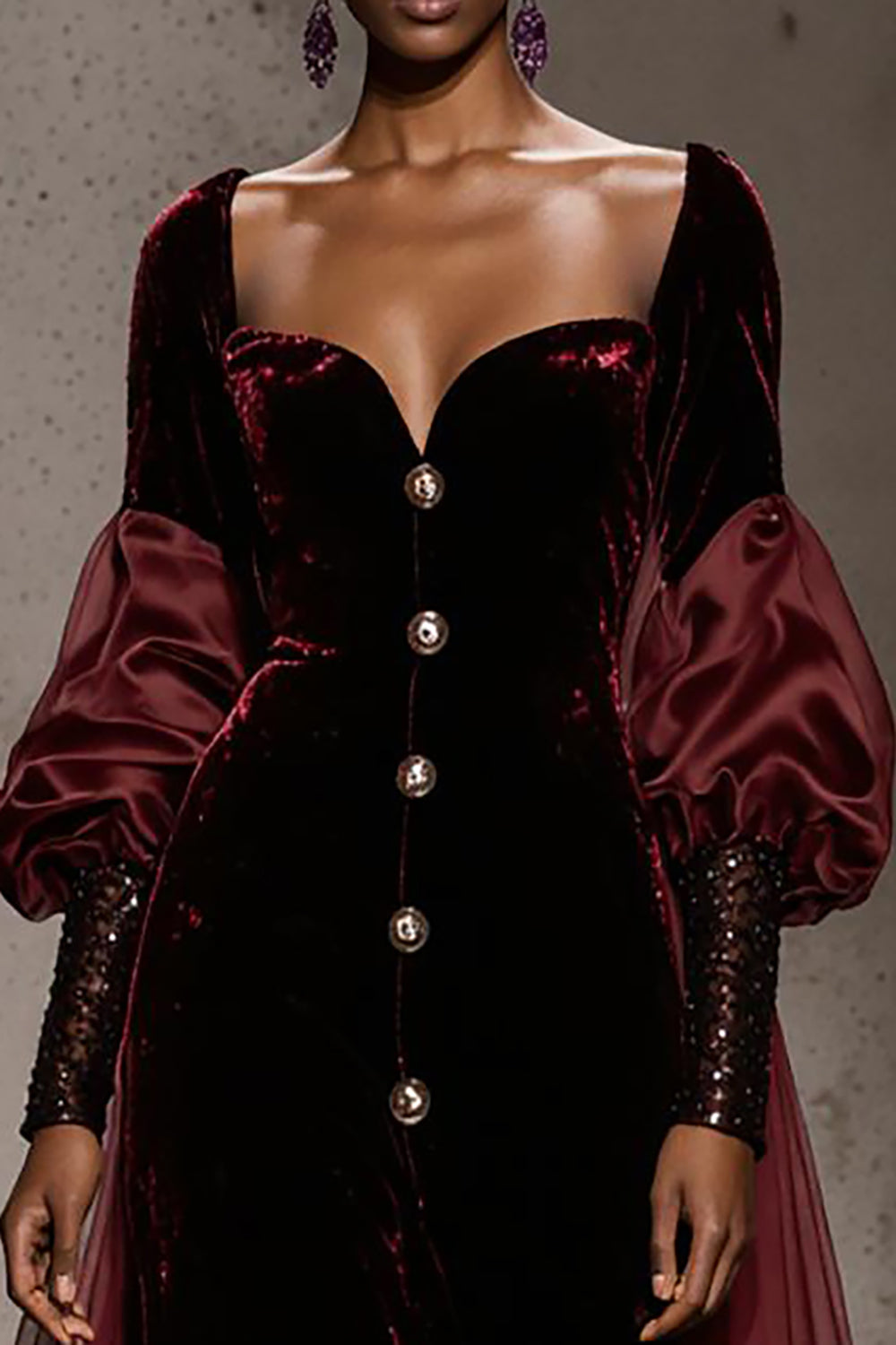 Zapakasa Women Burgundy Velvet Long Formal Dress with Cape Puff Sleeves