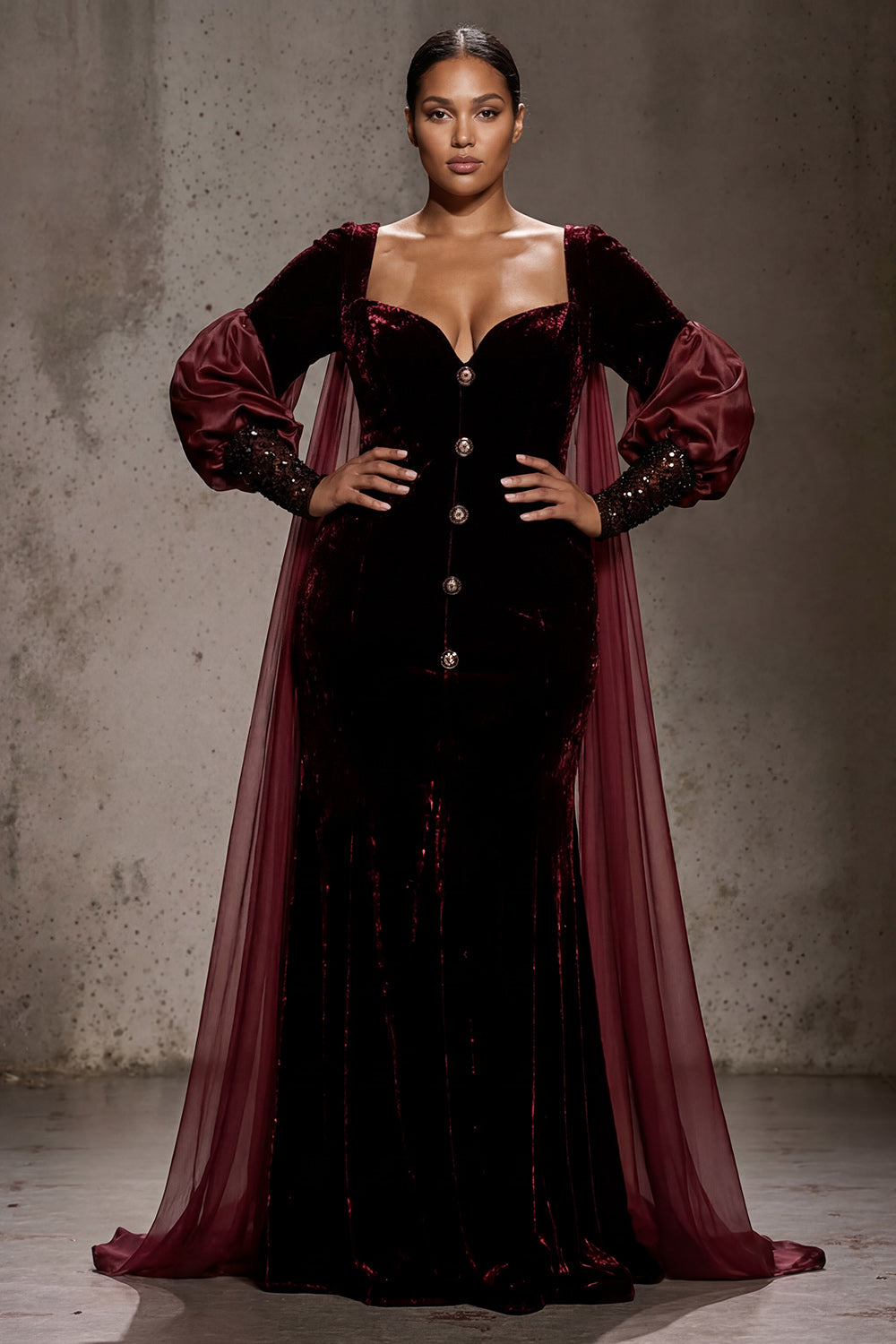 Burgundy Velvet Long Sleeves Formal Dress with Cape