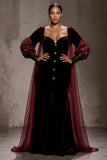 Burgundy Velvet Long Sleeves Formal Dress with Cape