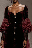 Burgundy Velvet Long Sleeves Formal Dress with Cape