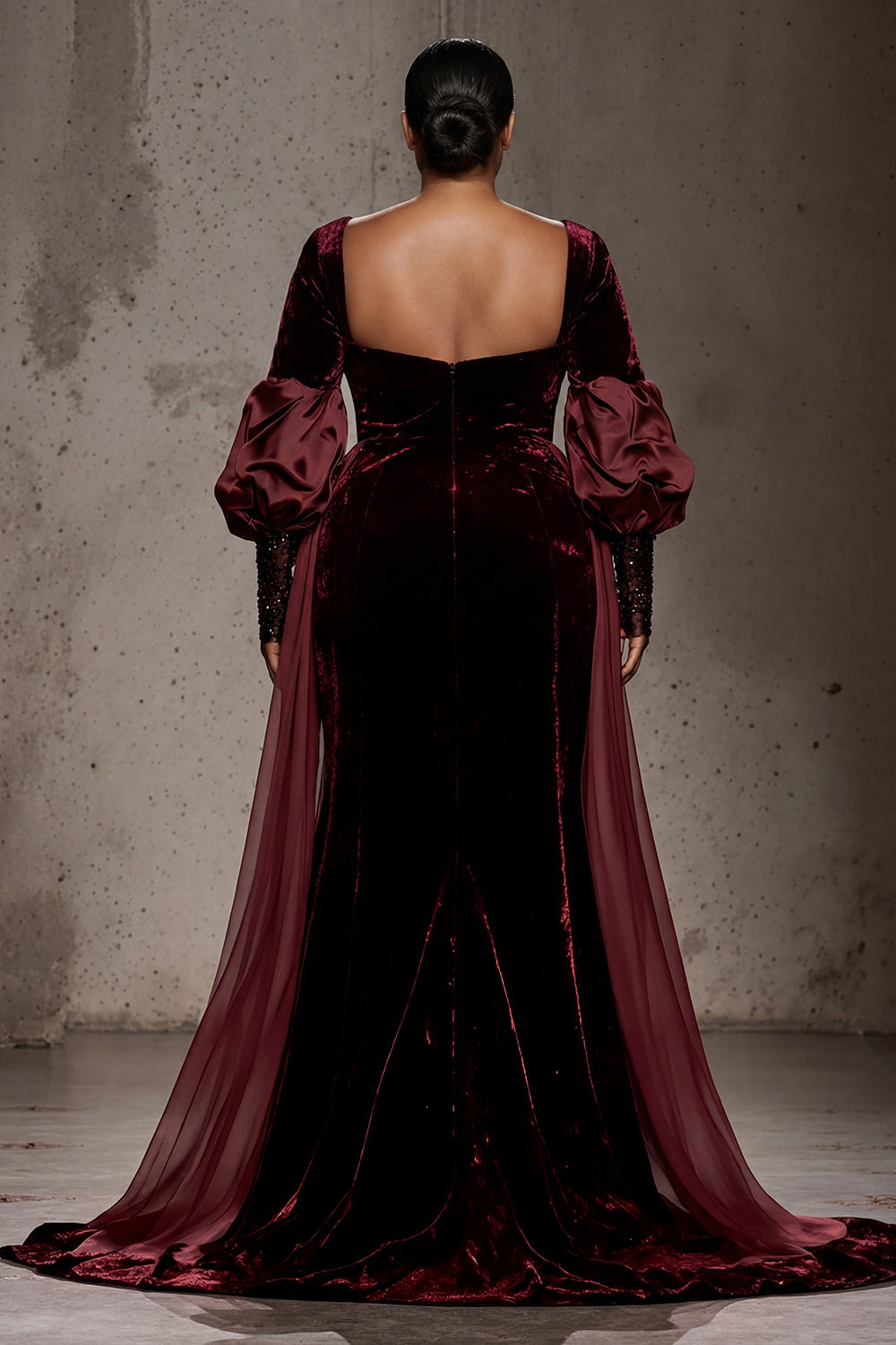 Burgundy Velvet Long Sleeves Formal Dress with Cape