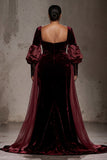 Burgundy Velvet Long Sleeves Formal Dress with Cape