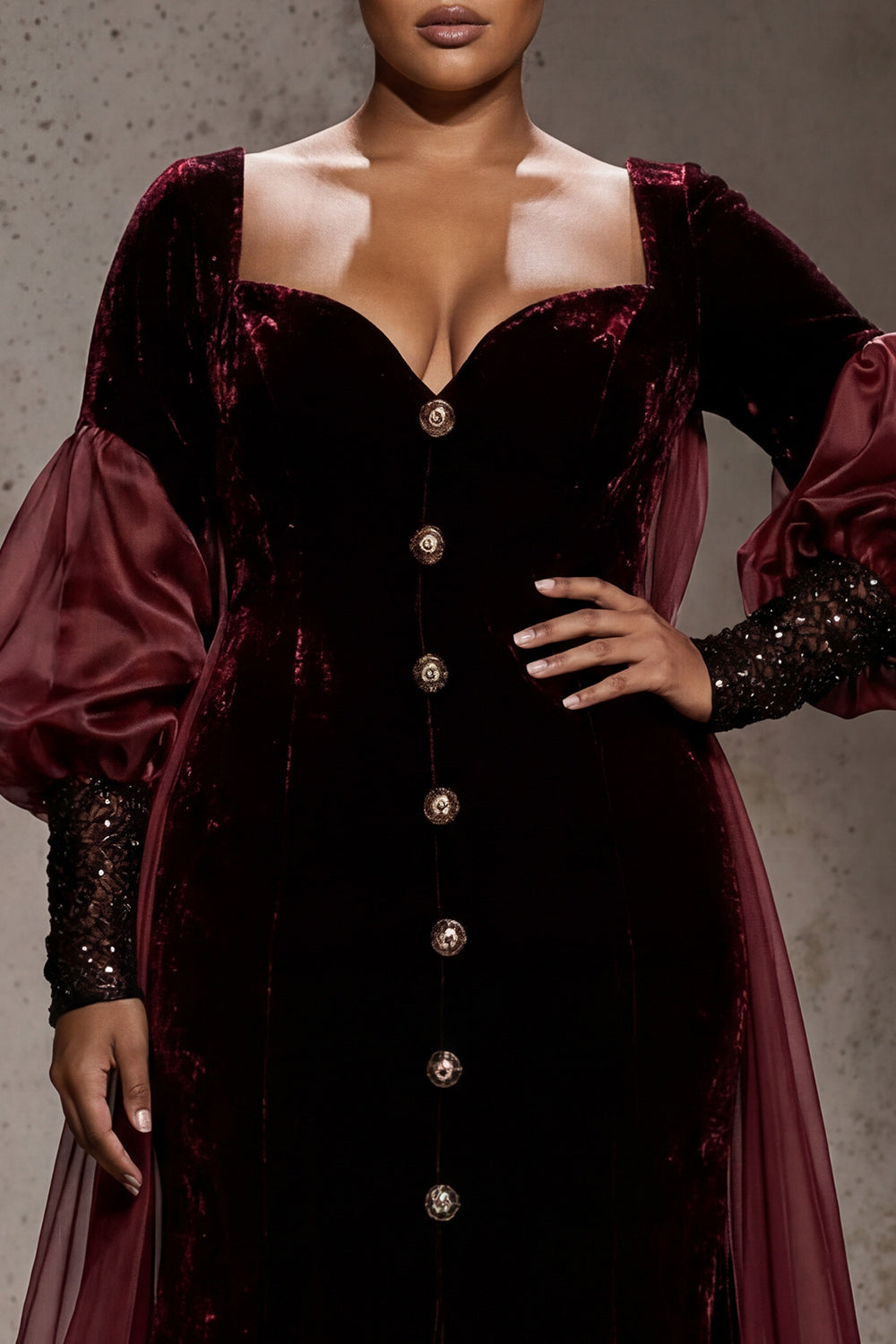 Burgundy Velvet Long Sleeves Formal Dress with Cape