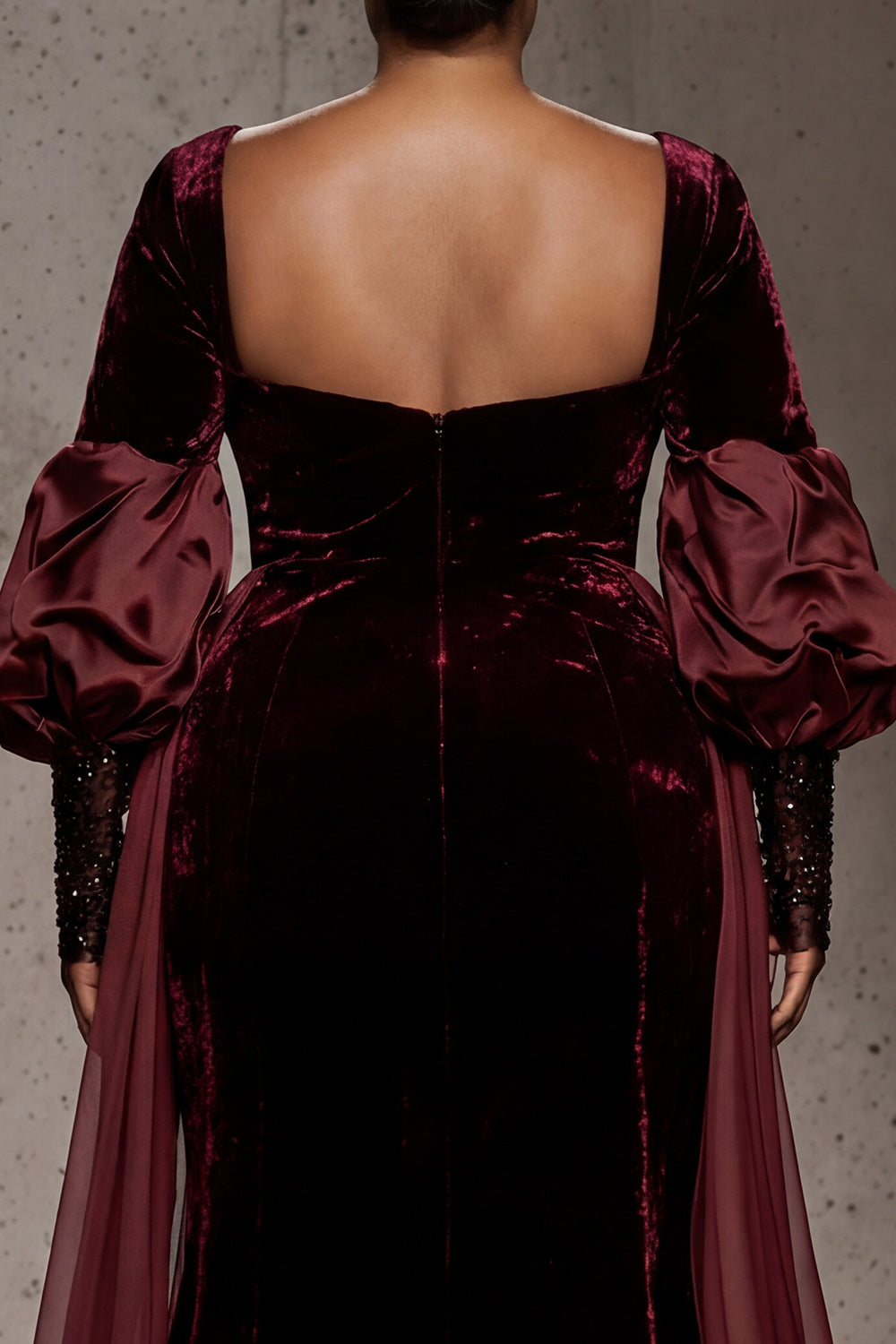 Burgundy Velvet Long Sleeves Formal Dress with Cape