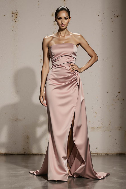 Simple Light Pink Satin Strapless Long Formal Dress with Slit