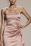 Simple Light Pink Satin Strapless Long Formal Dress with Slit