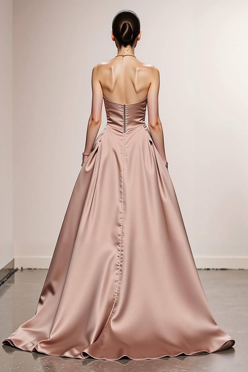 Simple Light Pink A Line Satin Strapless Long Formal Dress