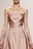Simple Light Pink A Line Satin Strapless Long Formal Dress