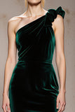 Dark Green One Shoulder Velvet Mermaid Long Formal Dress with Slit