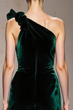 Dark Green One Shoulder Velvet Mermaid Long Formal Dress with Slit