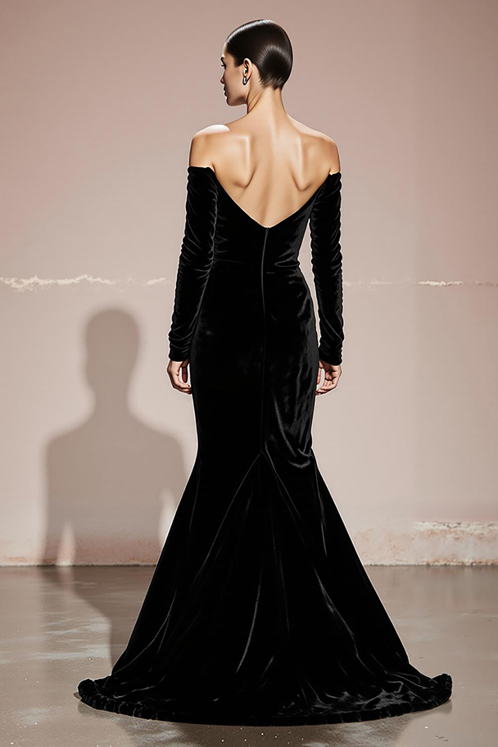 Black Velvet Mermaid Off the Shoulder Long Formal Dress with Sleeves