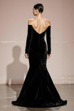 Black Velvet Mermaid Off the Shoulder Long Formal Dress with Sleeves