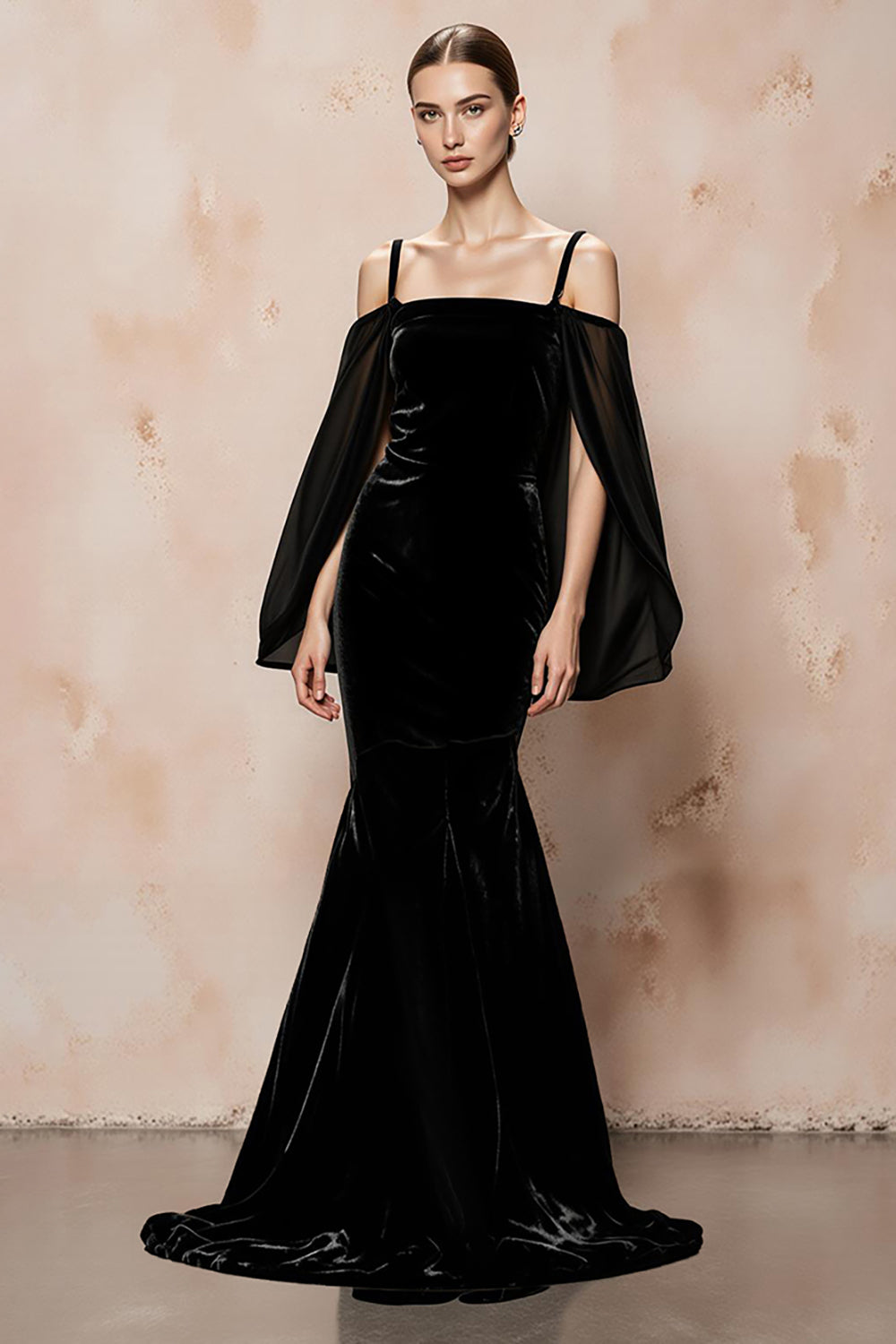 Zapakasa Women Black Velvet Long Formal Dress with Cape Cold Shoulder