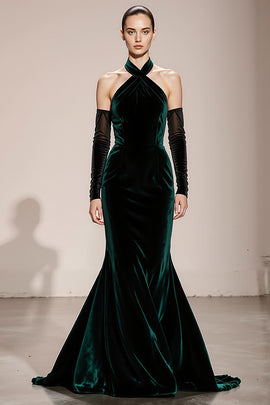 Dark Green Mermaid Halter Velvet Long Formal Dress