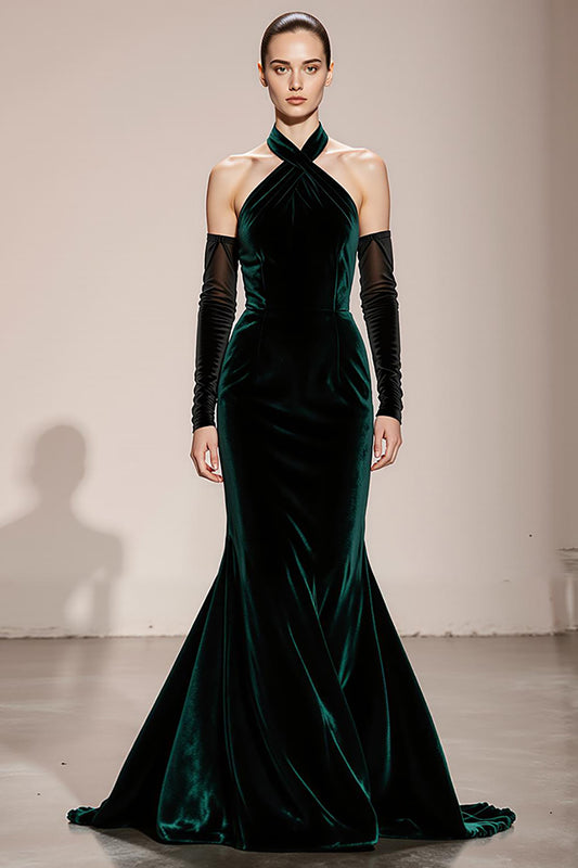 Dark Green Mermaid Halter Velvet Long Formal Dress