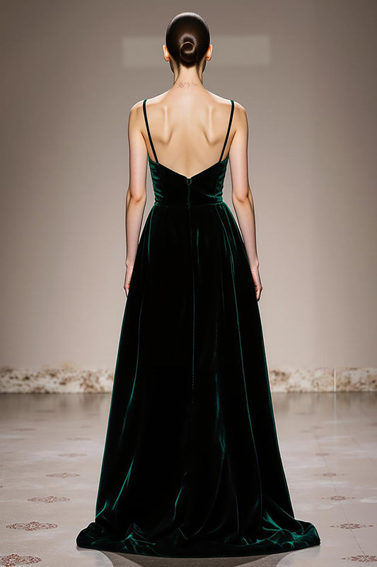 Dark Green Velvet Spaghetti Straps Long Formal Dress with Slit