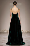 Dark Green Velvet Spaghetti Straps Long Formal Dress with Slit