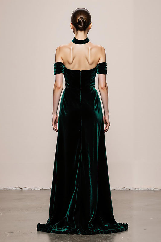 Simple Dark Green Velvet Halter Long Formal Dress with Slit