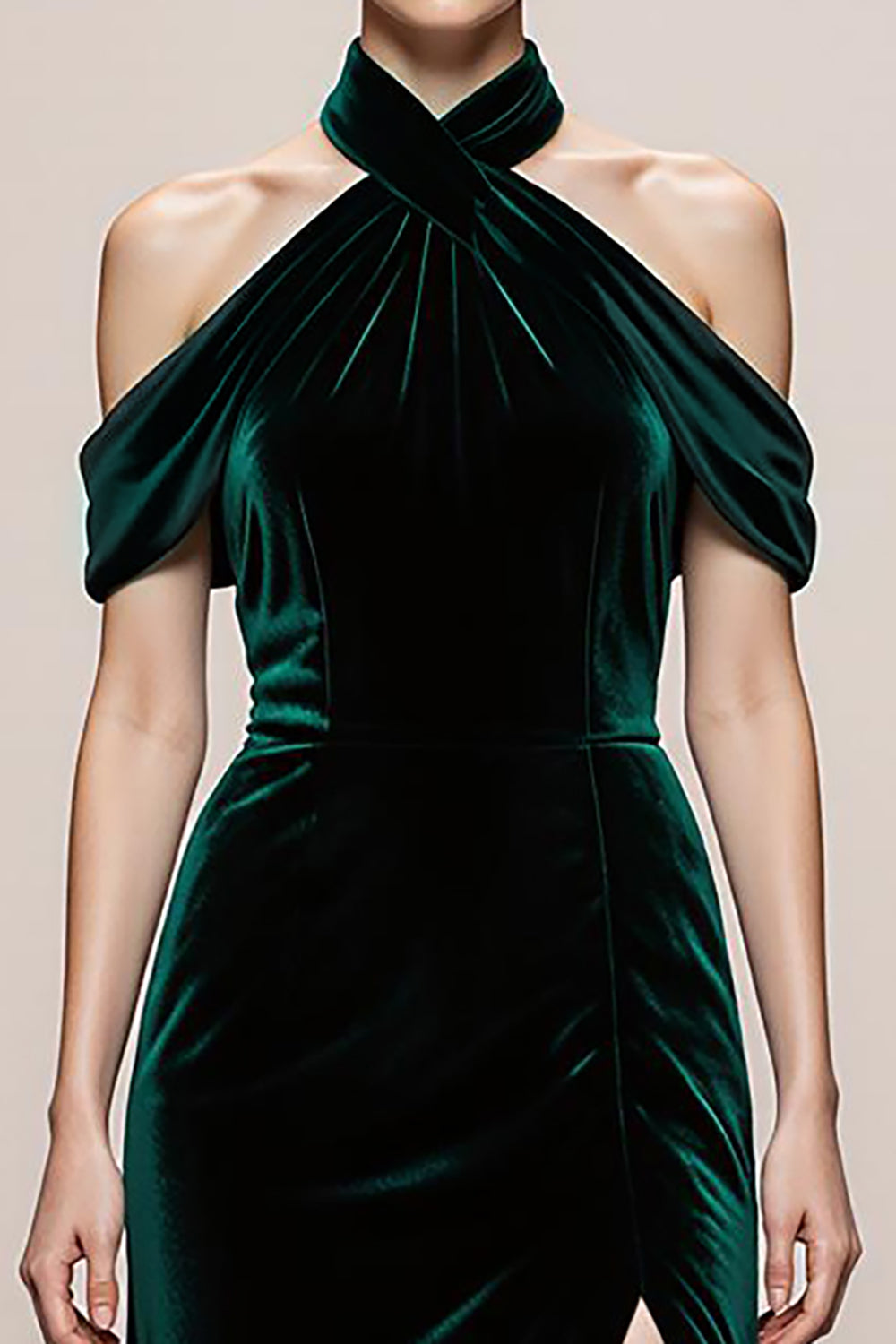 Simple Dark Green Velvet Halter Long Formal Dress with Slit