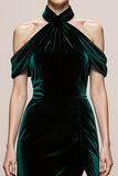 Simple Dark Green Velvet Halter Long Formal Dress with Slit