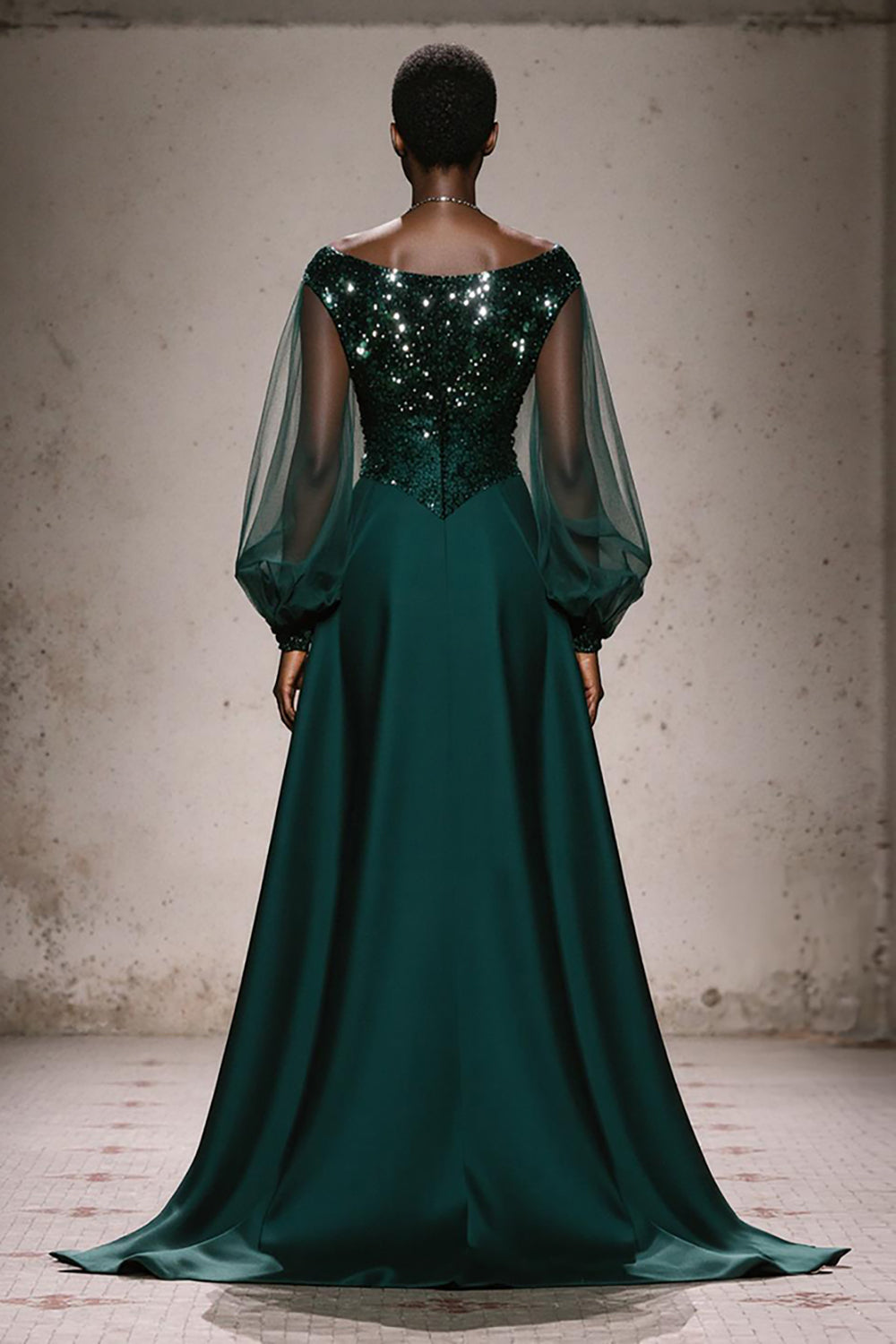 Sparkly Dark Green Boat Neck A Line Long Formal Dress with Sleeves