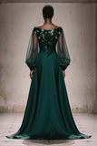 Sparkly Dark Green Boat Neck A Line Long Formal Dress with Sleeves