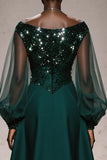 Sparkly Dark Green Boat Neck A Line Long Formal Dress with Sleeves