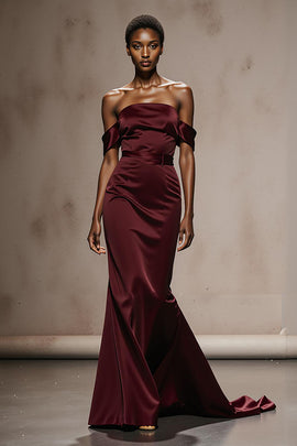 Burgundy Satin Mermaid Off the Shoulder Long Formal Dress