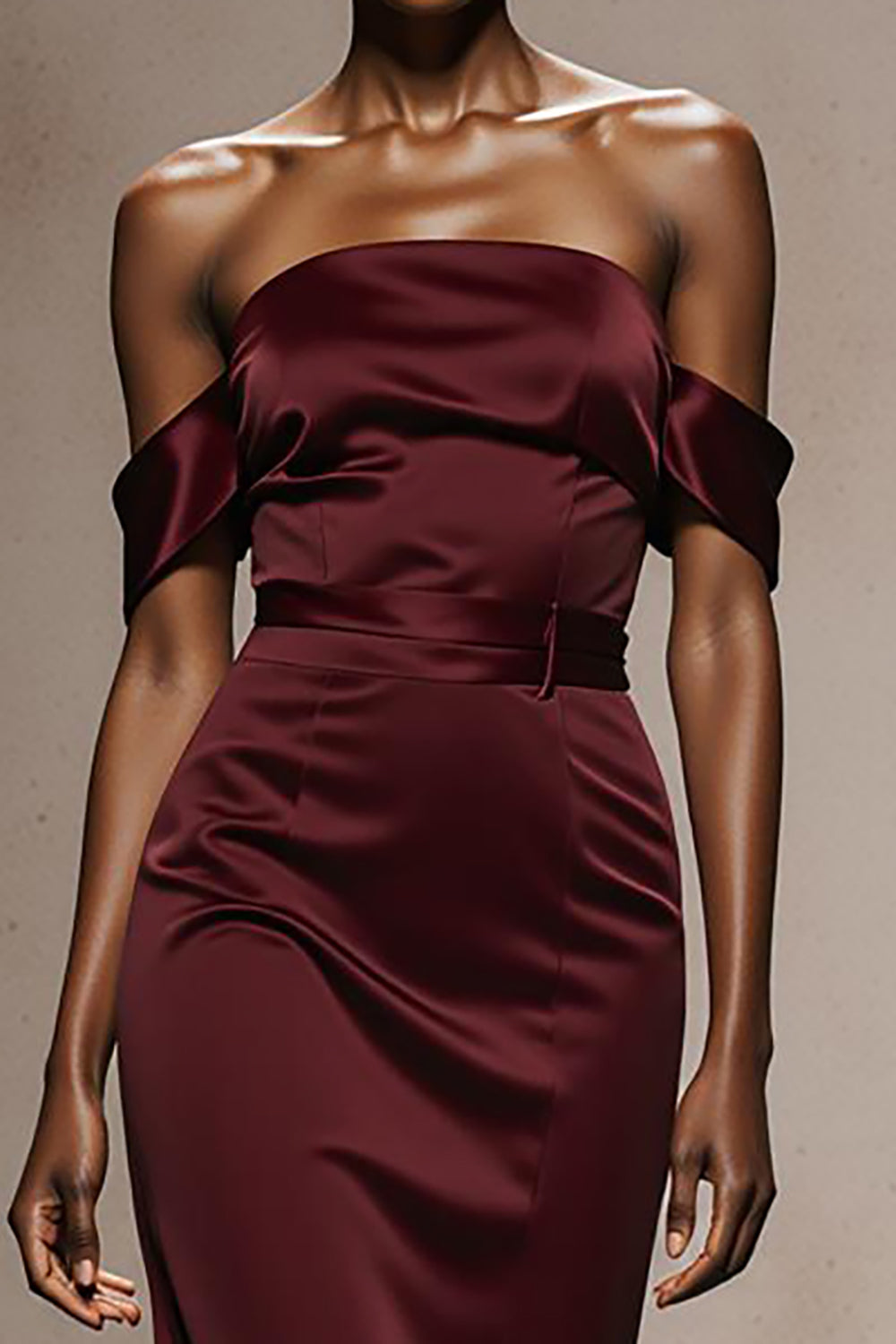 Burgundy Satin Mermaid Off the Shoulder Long Formal Dress