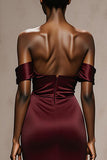Burgundy Satin Mermaid Off the Shoulder Long Formal Dress