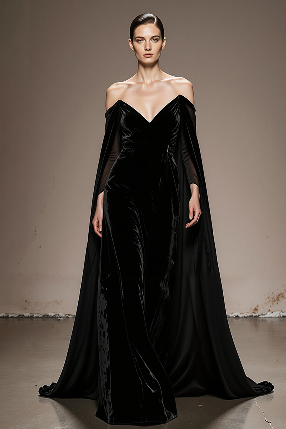 Black Off the Shoulder Velvet Long Formal Dress with Sleeves