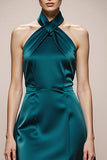 Dark Green A Line Halter Satin Long Formal Dress