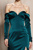 Dark Green Off the Shoulder Satin Long Sleeves Formal Dress with Slit