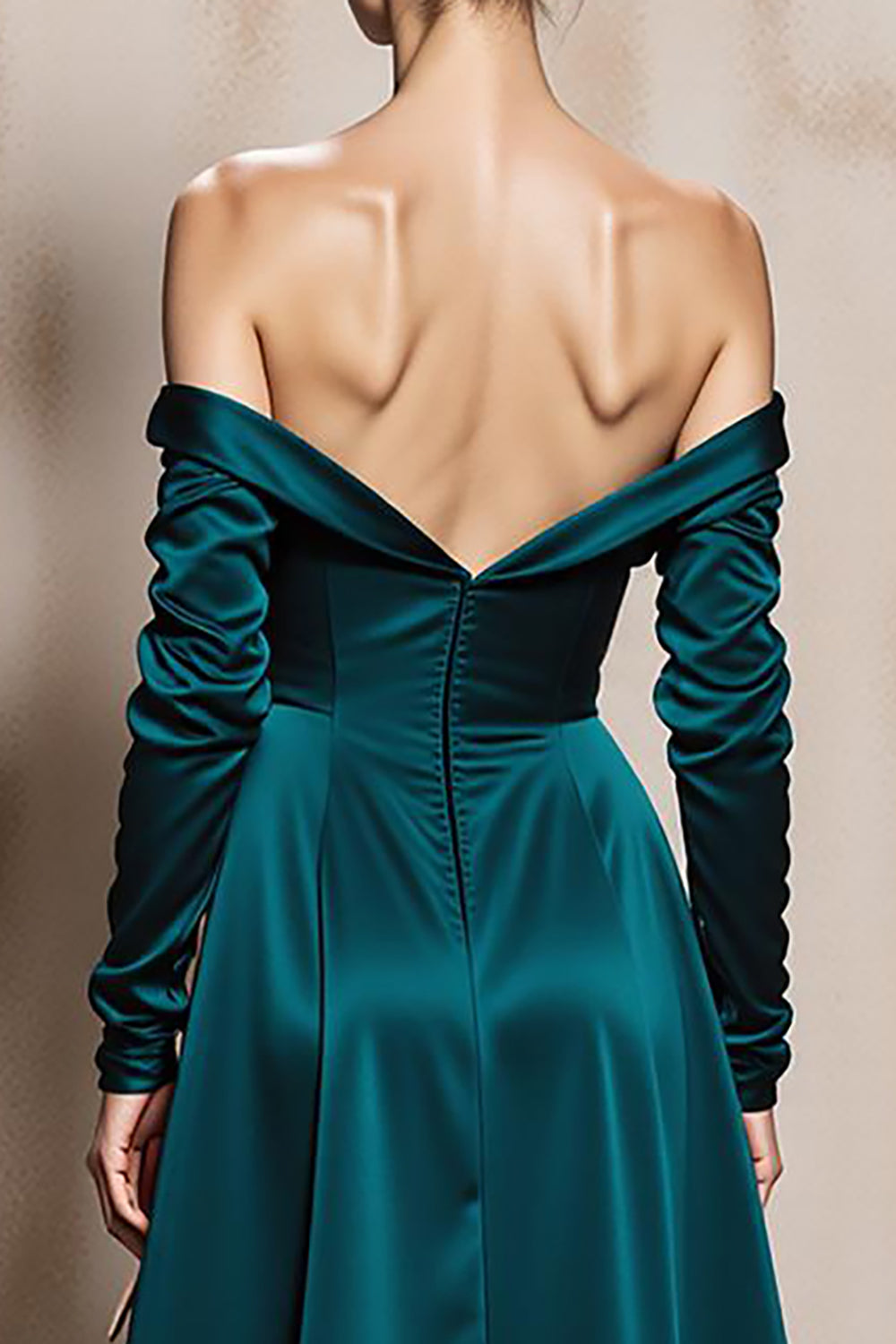 Dark Green Off the Shoulder Satin Long Sleeves Formal Dress with Slit
