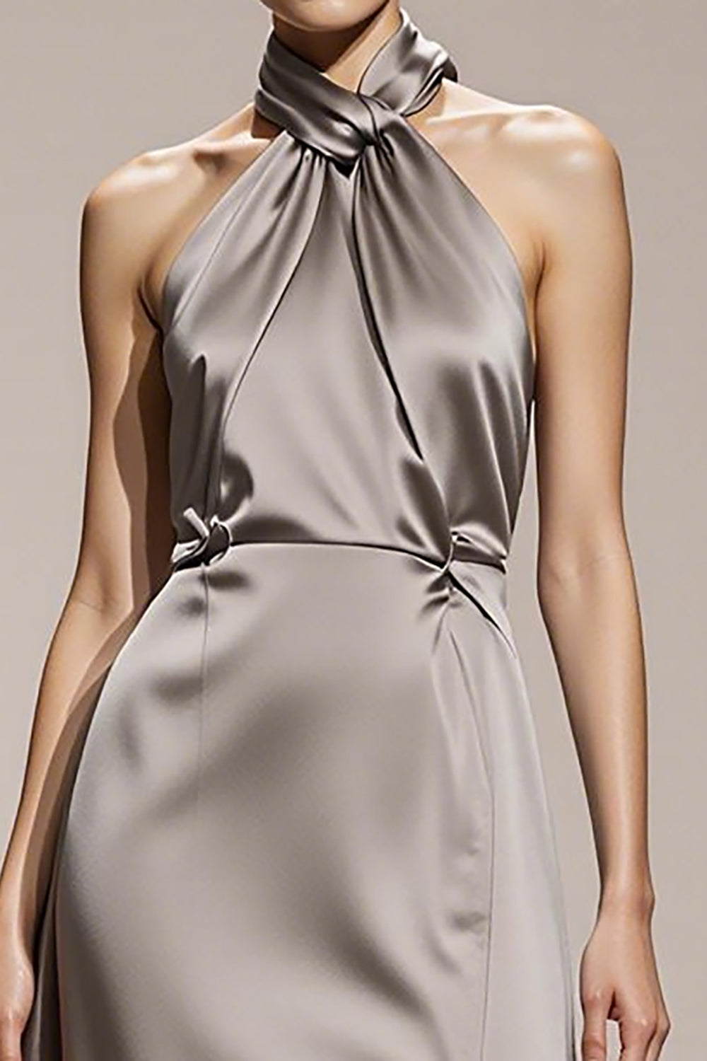 Simple Silver Halter Satin Formal Dress with Slit