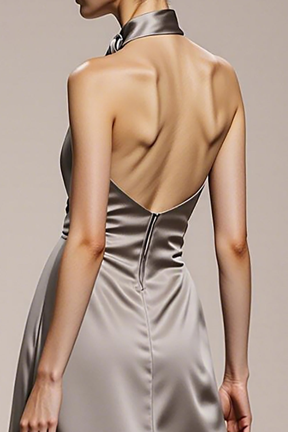 Simple Silver Halter Satin Formal Dress with Slit